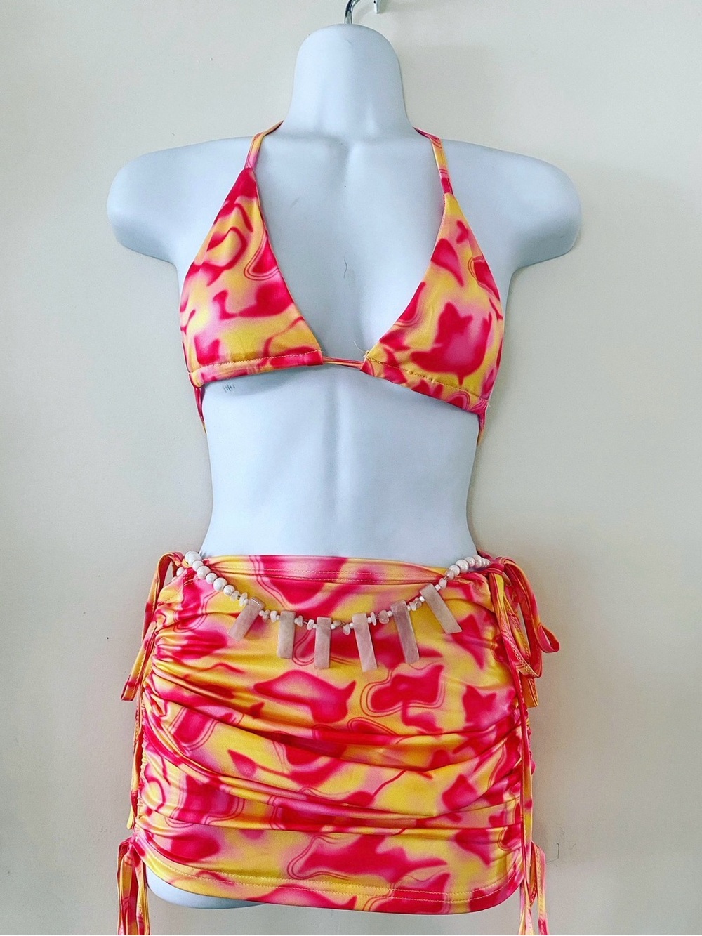 Pink and Yellow Marble Print Bikini Set with Skirt